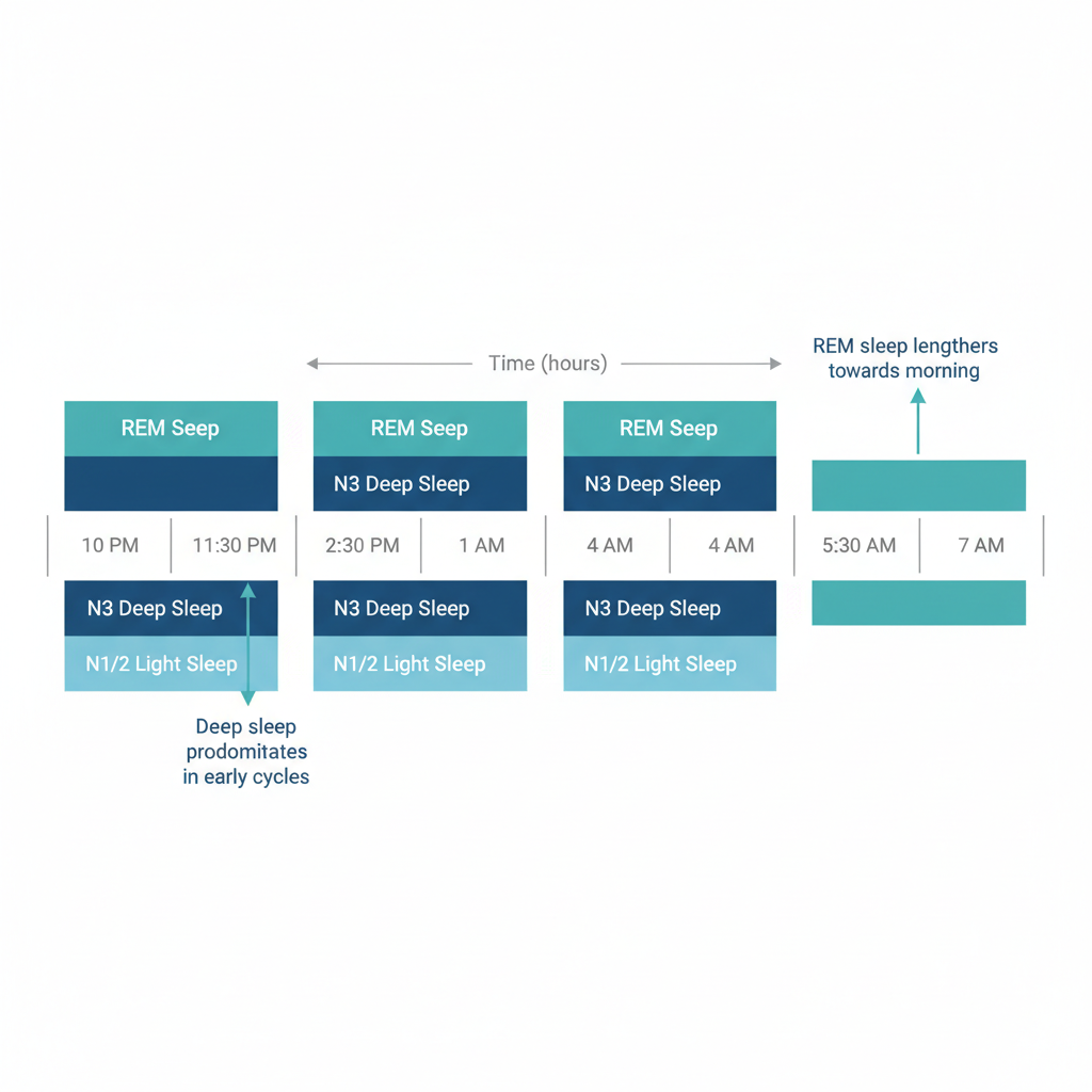 Sleep cycles across the night showing light sleep, deep sleep, and REM phases