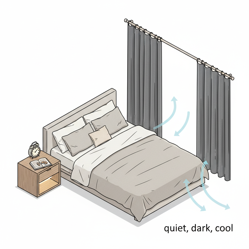 Minimal bedroom setup that promotes sleep: cool, dark, and quiet